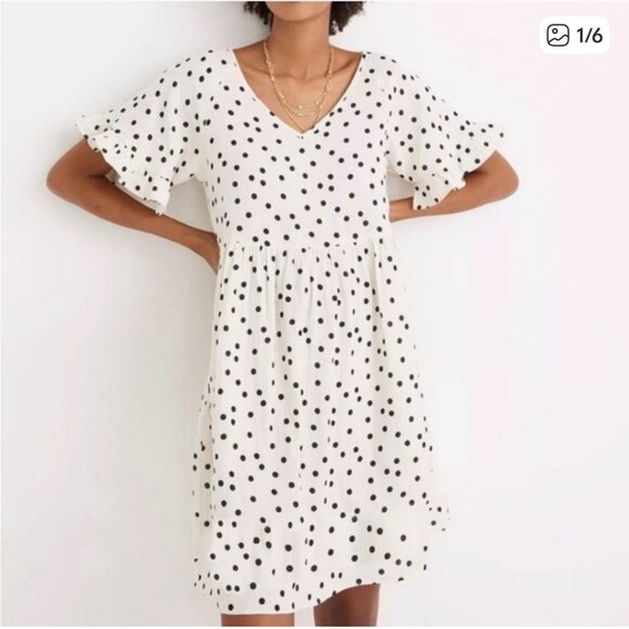 Madewell Ruffle Short-Sleeve Ivory Black Mini Babydoll Dress in Dot Toss Medium - Picture 9 of 10